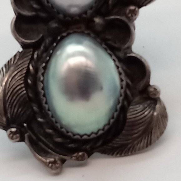 Vintage Double Blue Mabe Pearl Silver Tone Ring Size 7.5 - Picture 5 of 5